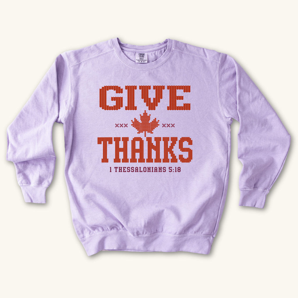 Orchid Give Thanks Knitted Design sweatshirt flat lay mockup, 1 Thessalonians 5:18 Christian apparel for women
