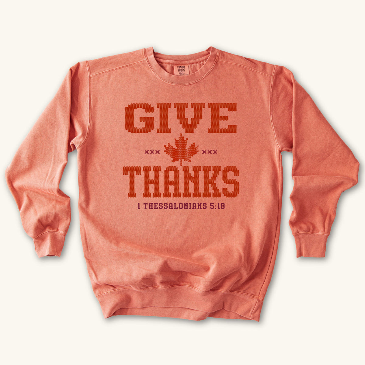 Terracotta Give Thanks Knitted Design sweatshirt flat lay mockup, 1 Thessalonians 5:18 Christian apparel for women