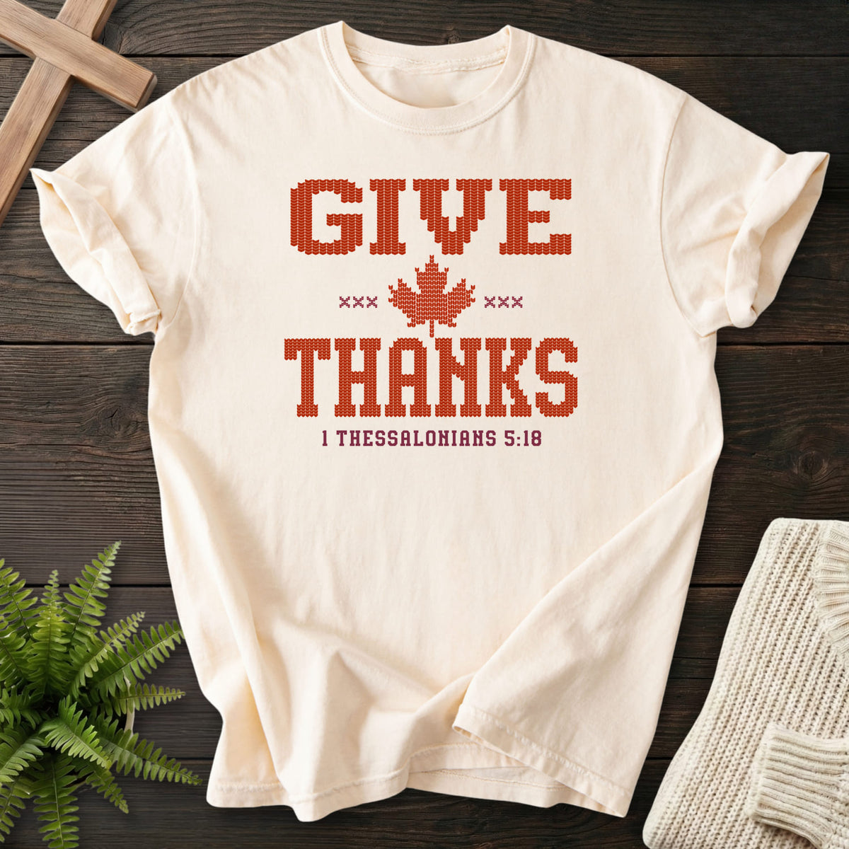 Ivory color option for the Give Thanks Knitted Design Christian t-shirt for women with "Give Thanks Maple Leaf T-Shirt" 1 Thessalonians 5:18.