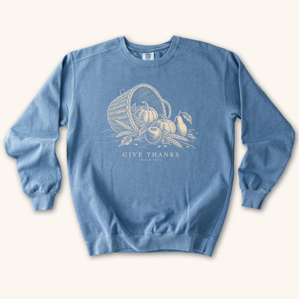 Blue Jean Give Thanks sweatshirt flat lay mockup, Psalm 107:1 Christian apparel for women