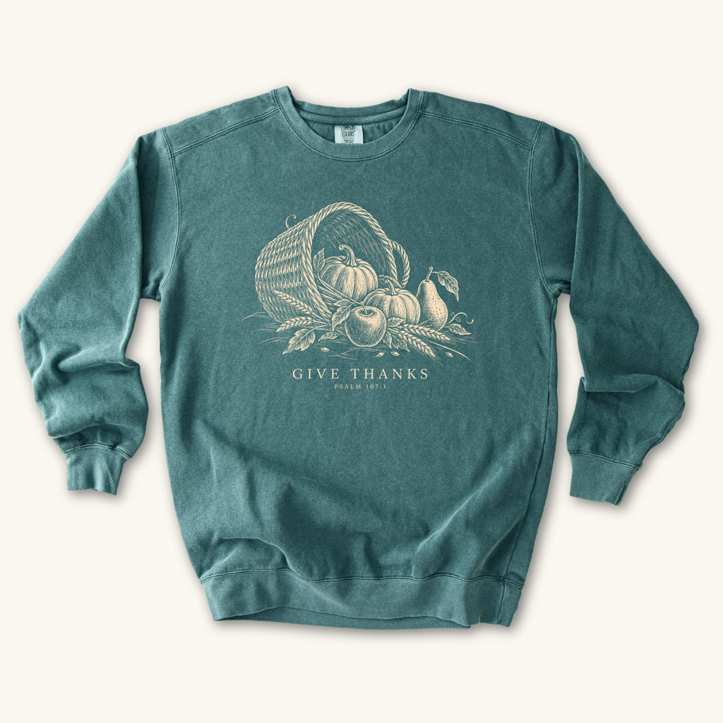 Blue Spruce Give Thanks sweatshirt flat lay mockup, Psalm 107:1 Christian apparel for women