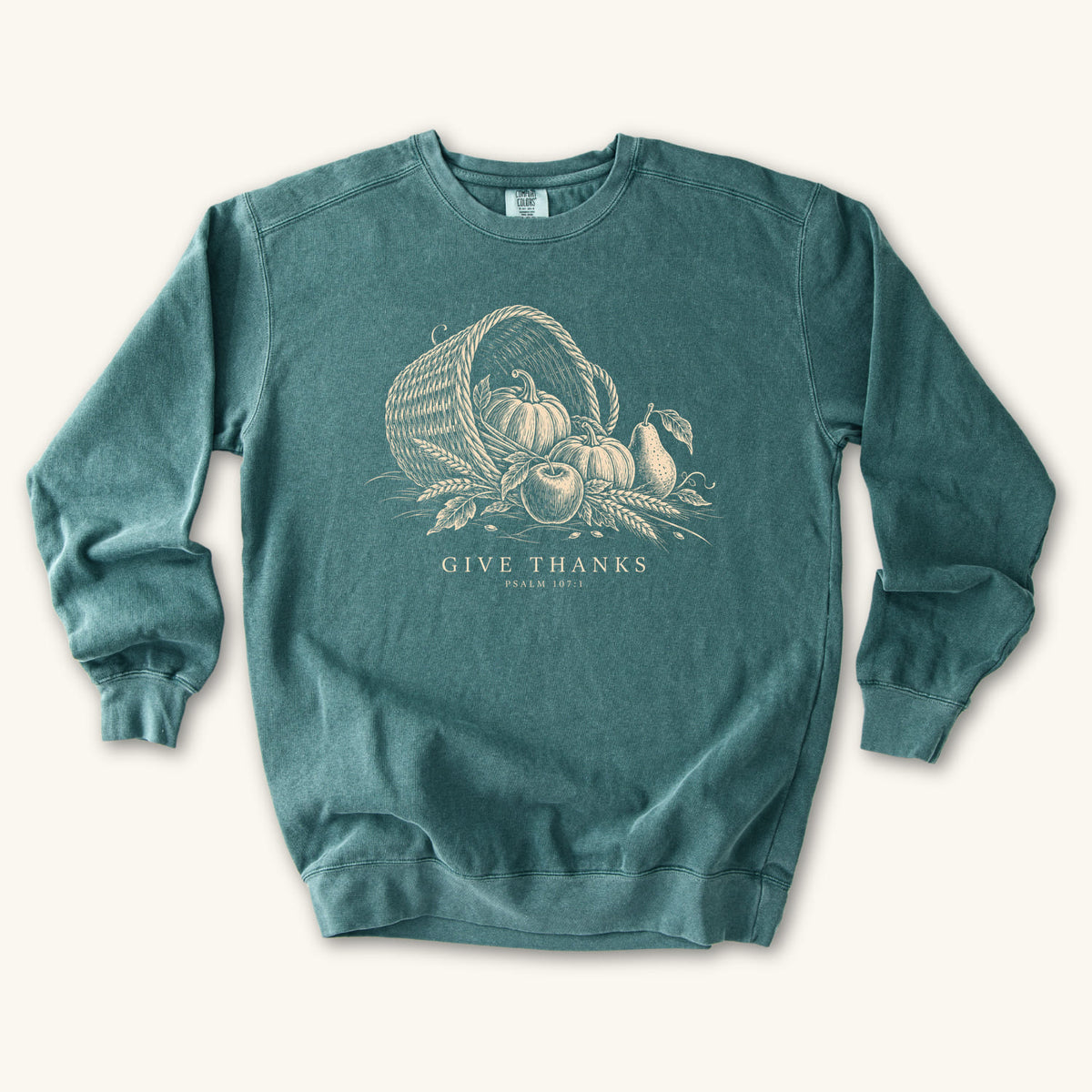 Blue Spruce Give Thanks sweatshirt flat lay mockup, Psalm 107:1 Christian apparel for women