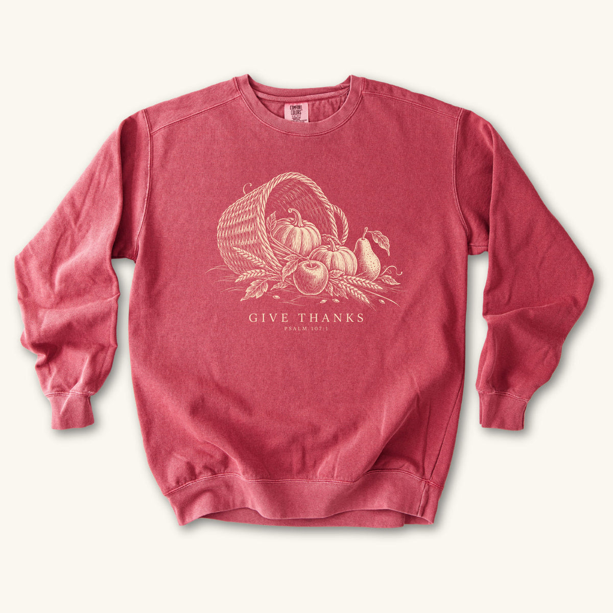 Crimson Give Thanks sweatshirt flat lay mockup, Psalm 107:1 Christian apparel for women