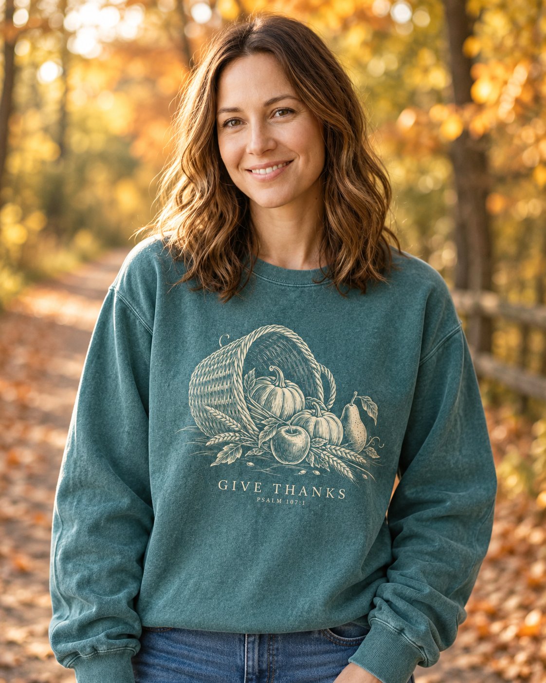 Give Thanks Psalm 107:1, Blue Spruce women's Christian sweatshirt, lifestyle photo in cozy autumn harvest setting, Line art cornucopia basket with GIVE THANKS, She Wears Faith