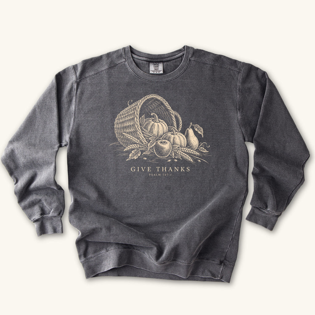 Pepper Give Thanks sweatshirt flat lay mockup, Psalm 107:1 Christian apparel for women