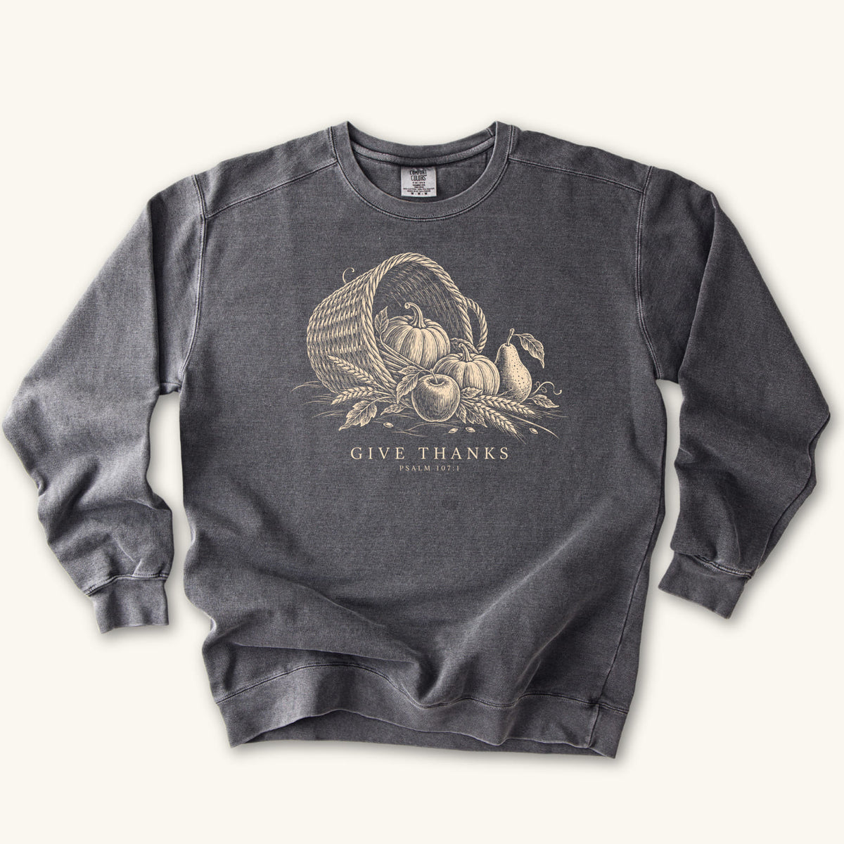 Pepper Give Thanks sweatshirt flat lay mockup, Psalm 107:1 Christian apparel for women