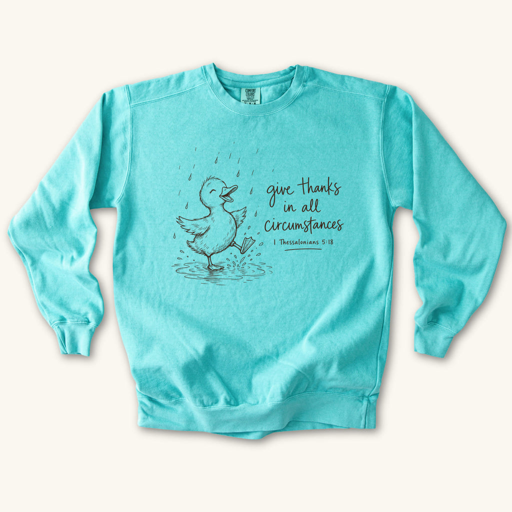 Chalky Mint Give Thanks Rainy Day Duck sweatshirt flat lay mockup, 1 Thessalonians 5:18 Christian apparel for women