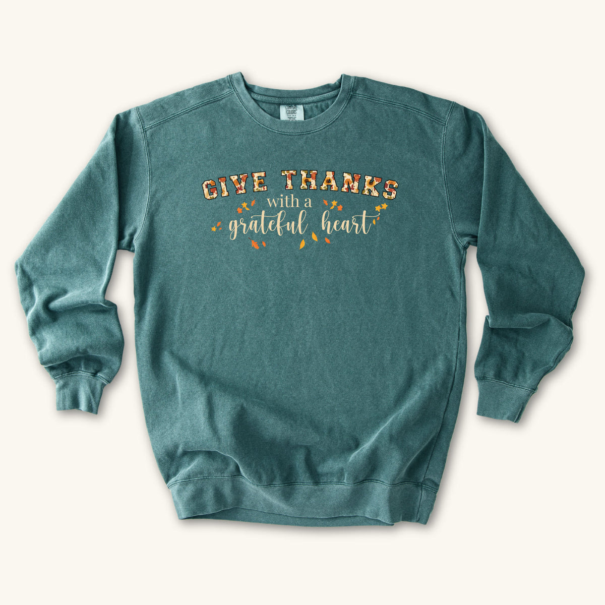 Blue Spruce Give Thanks sweatshirt flat lay mockup, Christian apparel for women
