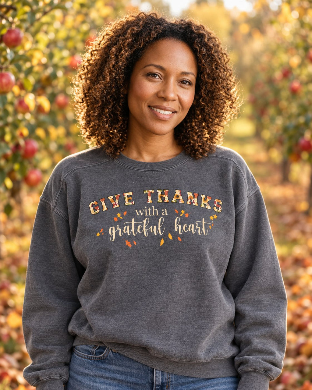 Give Thanks, Pepper women's Christian sweatshirt, lifestyle photo in cozy autumn harvest setting, Autumn lettering GIVE THANKS with a grateful heart, She Wears Faith