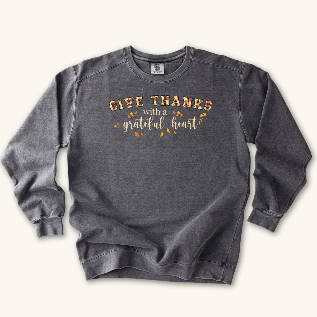 Pepper Give Thanks sweatshirt flat lay mockup, Christian apparel for women