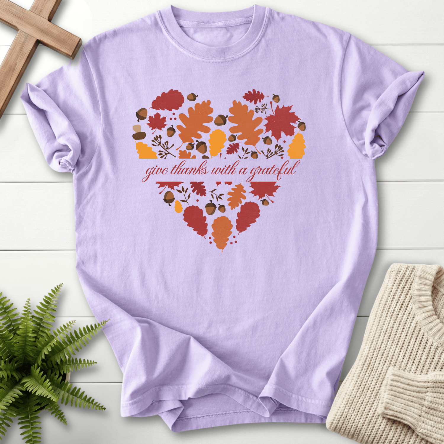 Orchid women's faith t-shirt with a heart of fall leaves, acorns, and botanicals with a gratitude script.