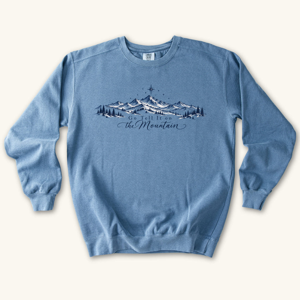 Blue Jean Go Tell It on the Mountain sweatshirt flat lay mockup, Christian apparel for women