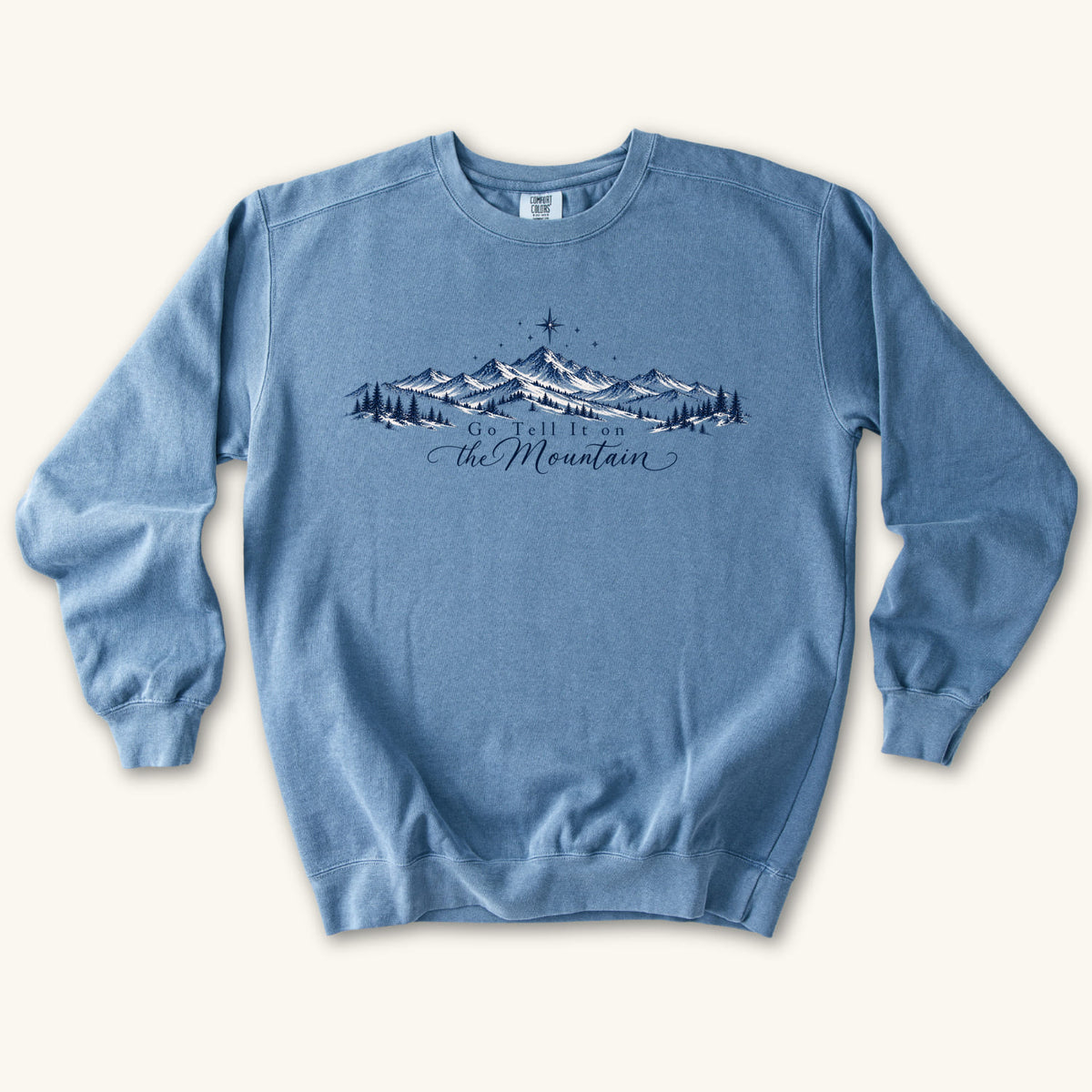 Blue Jean Go Tell It on the Mountain sweatshirt flat lay mockup, Christian apparel for women