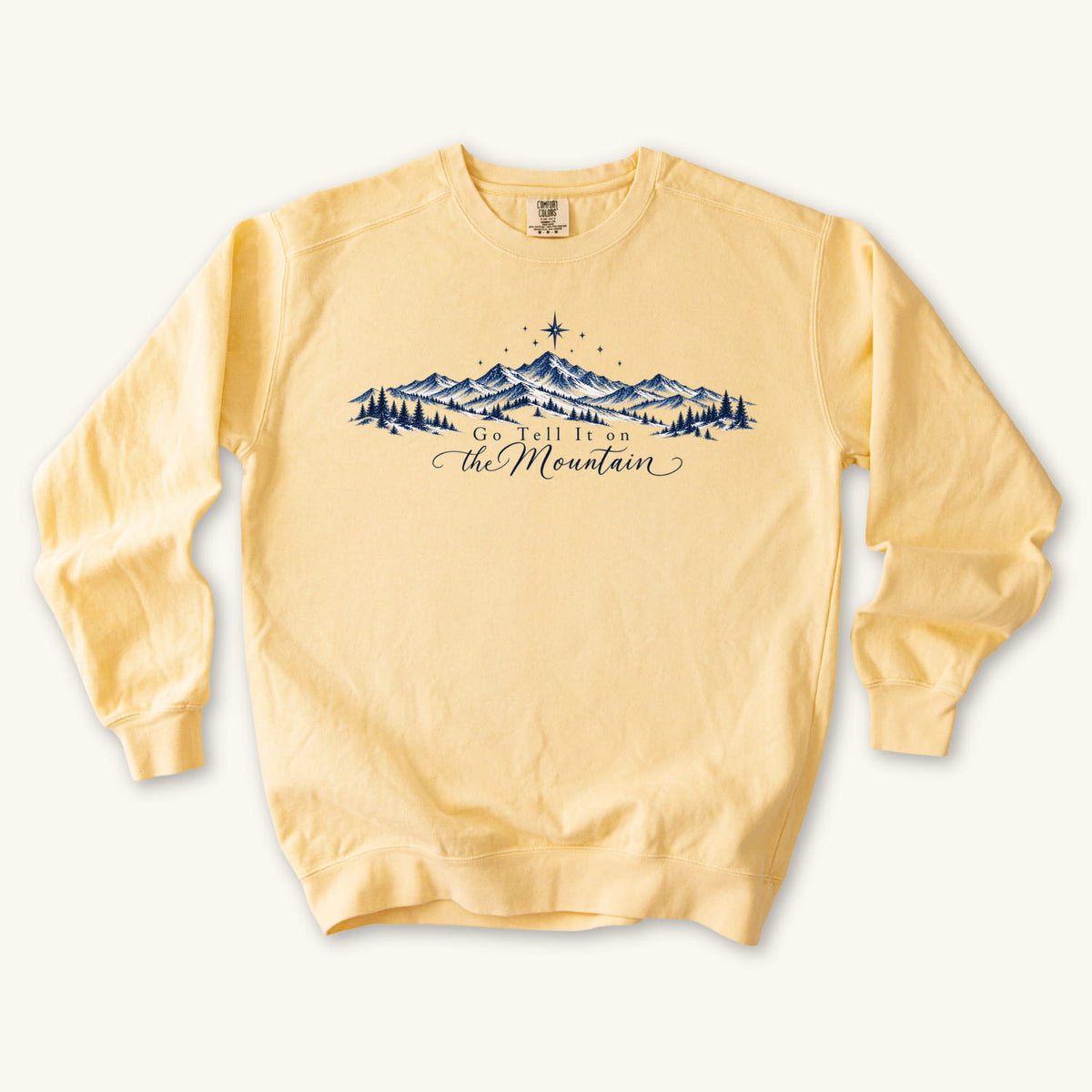 Butter Go Tell It on the Mountain sweatshirt flat lay mockup, Christian apparel for women