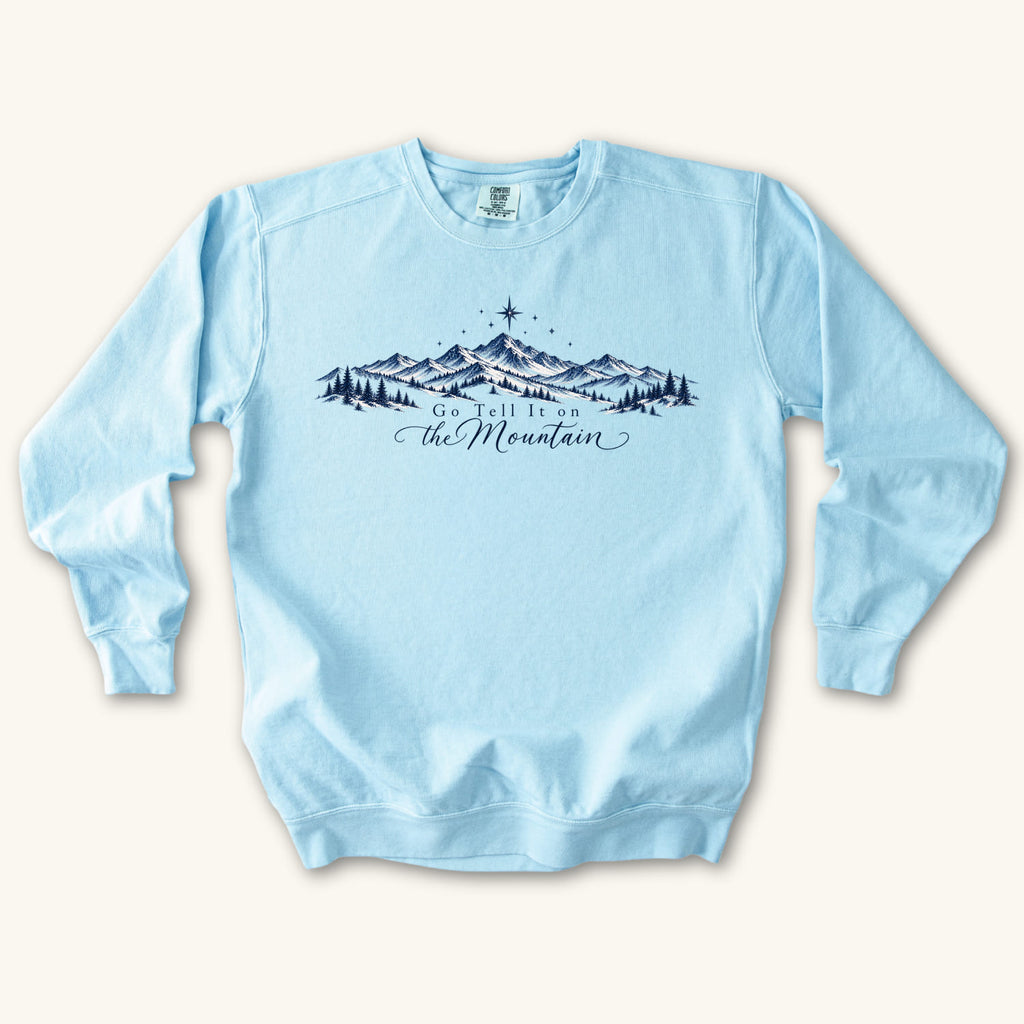 Chambray Go Tell It on the Mountain sweatshirt flat lay mockup, Christian apparel for women