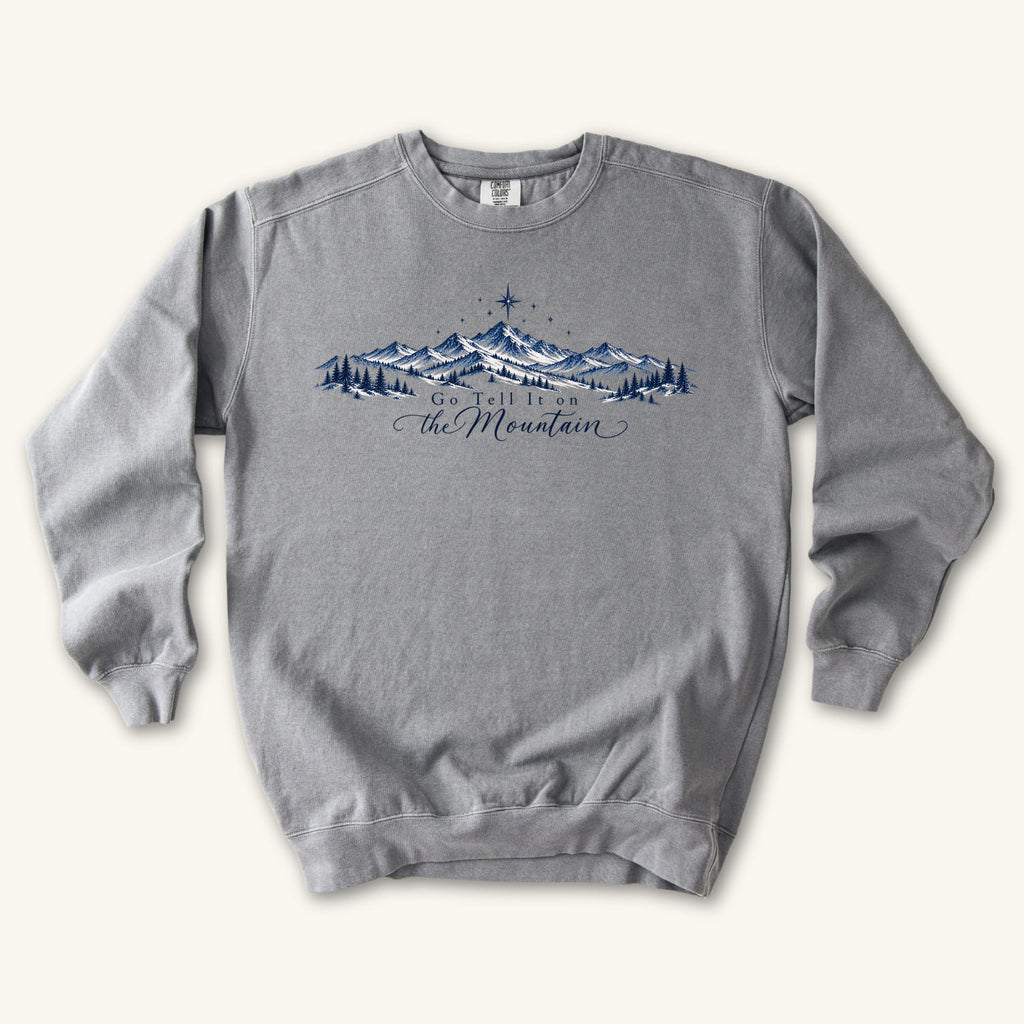Grey Go Tell It on the Mountain sweatshirt flat lay mockup, Christian apparel for women