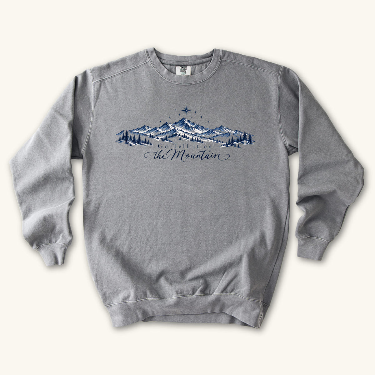 Grey Go Tell It on the Mountain sweatshirt flat lay mockup, Christian apparel for women