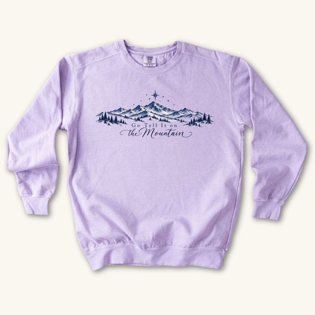 Orchid Go Tell It on the Mountain sweatshirt flat lay mockup, Christian apparel for women