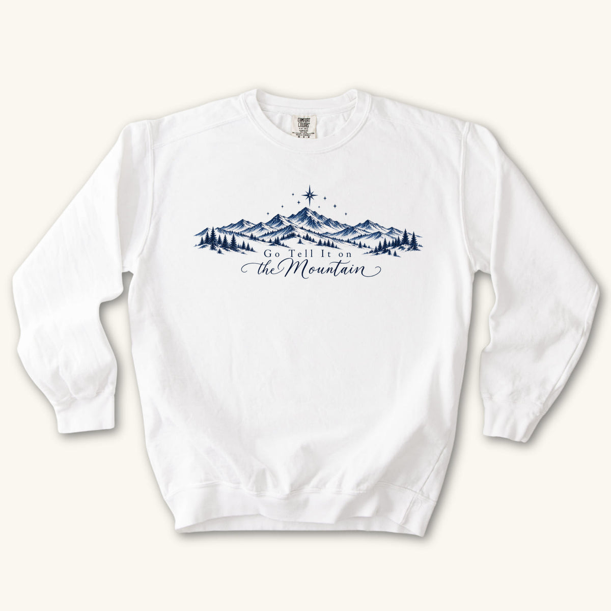 White Go Tell It on the Mountain sweatshirt flat lay mockup, Christian apparel for women