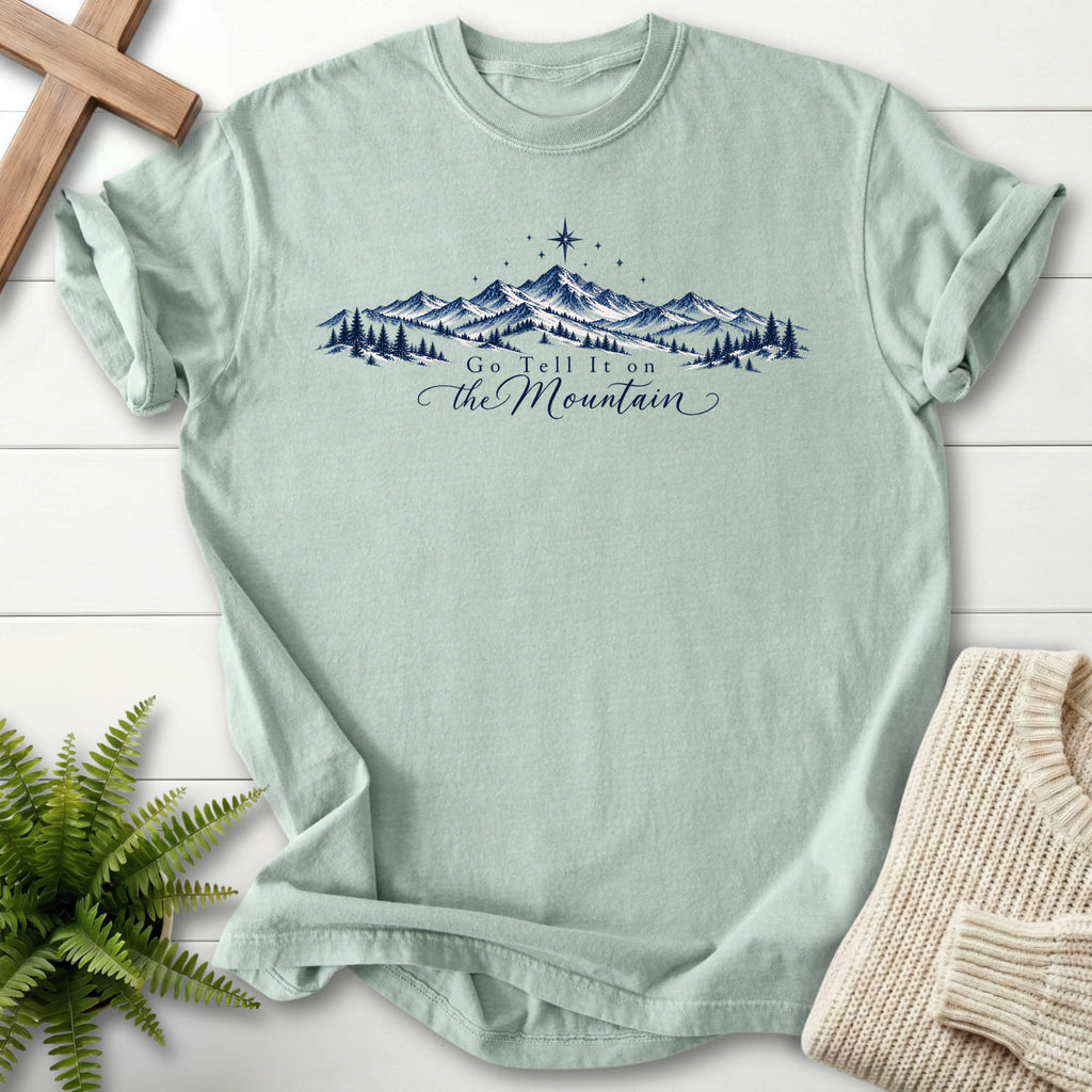 Bay Go Tell It on the Mountain T-shirt flat lay mockup, Christian apparel for women