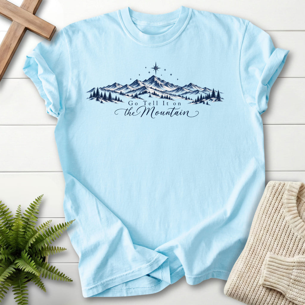 Chambray Go Tell It on the Mountain T-shirt flat lay mockup, Christian apparel for women
