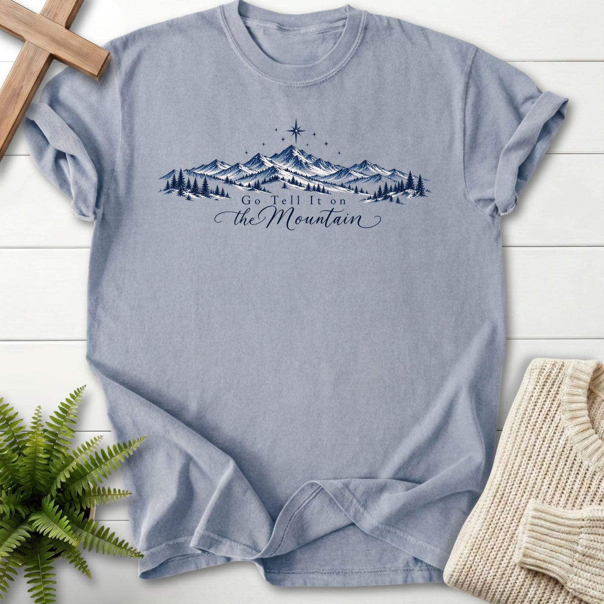 Granite Go Tell It on the Mountain T-shirt flat lay mockup, Christian apparel for women