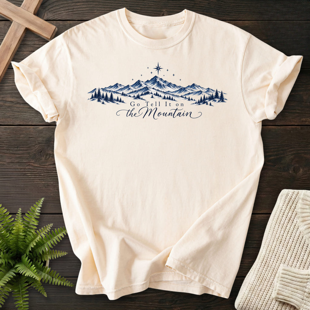 Ivory Go Tell It on the Mountain T-shirt flat lay mockup, Christian apparel for women