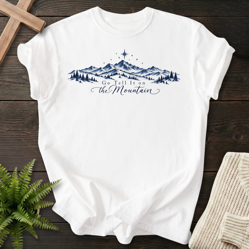 White Go Tell It on the Mountain T-shirt flat lay mockup, Christian apparel for women
