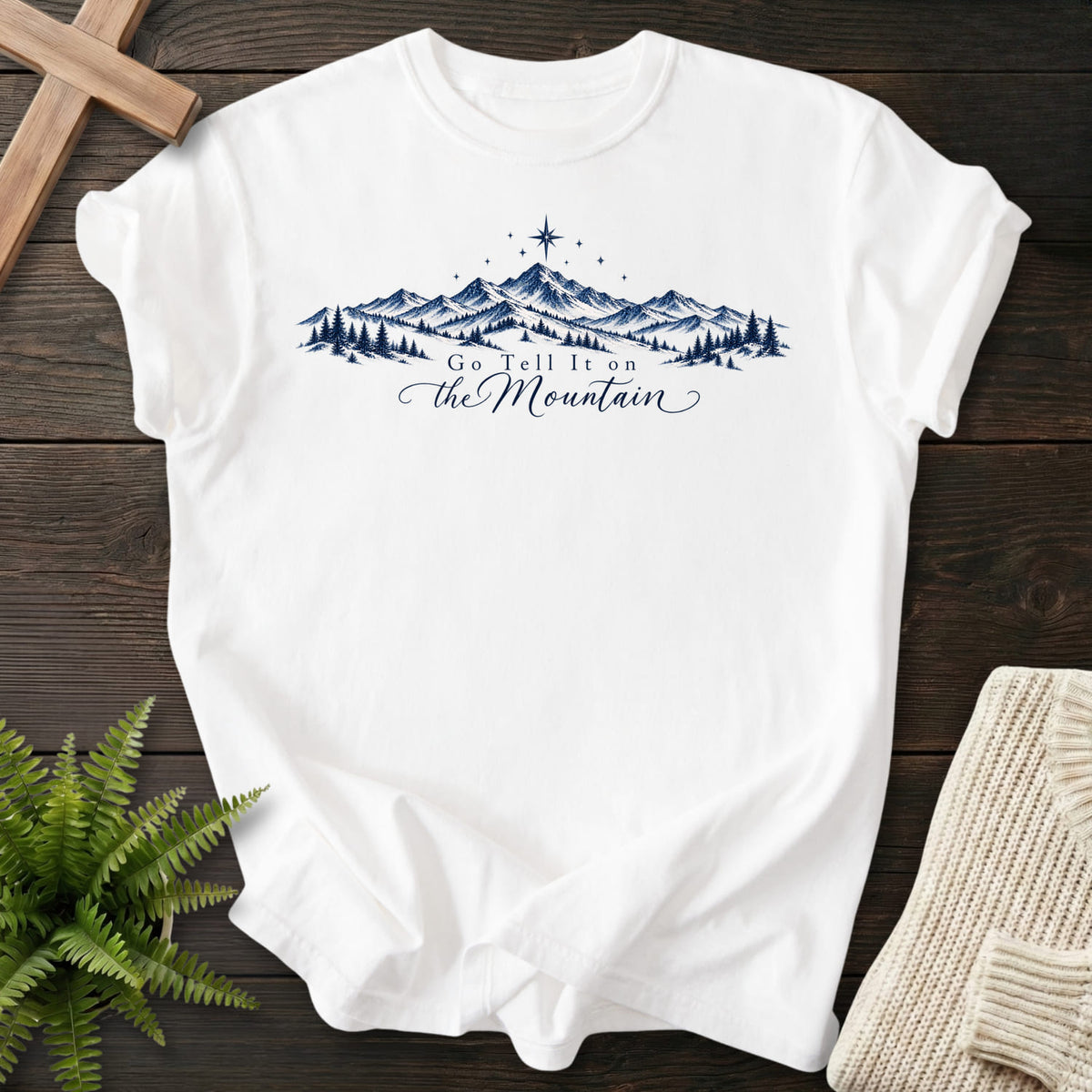 White Go Tell It on the Mountain T-shirt flat lay mockup, Christian apparel for women