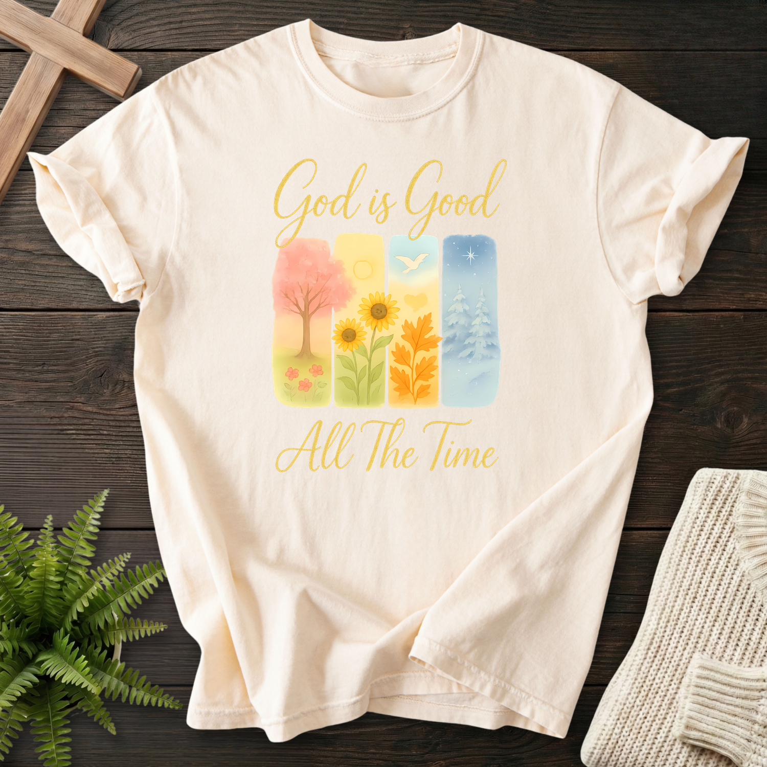 Ivory women's faith t-shirt with seasonal watercolor panels and 'God is Good All The Time'.