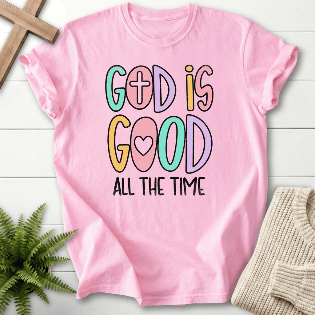 Blossom pink women's faith t-shirt with a joyful colorful 'God Is Good All The Time' graphic.