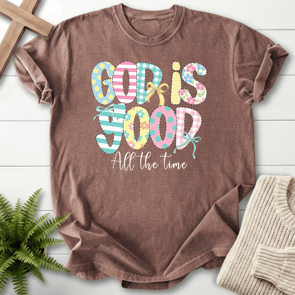 Espresso women's faith t-shirt with a patchwork-style pastel 'God Is Good All The Time' print.
