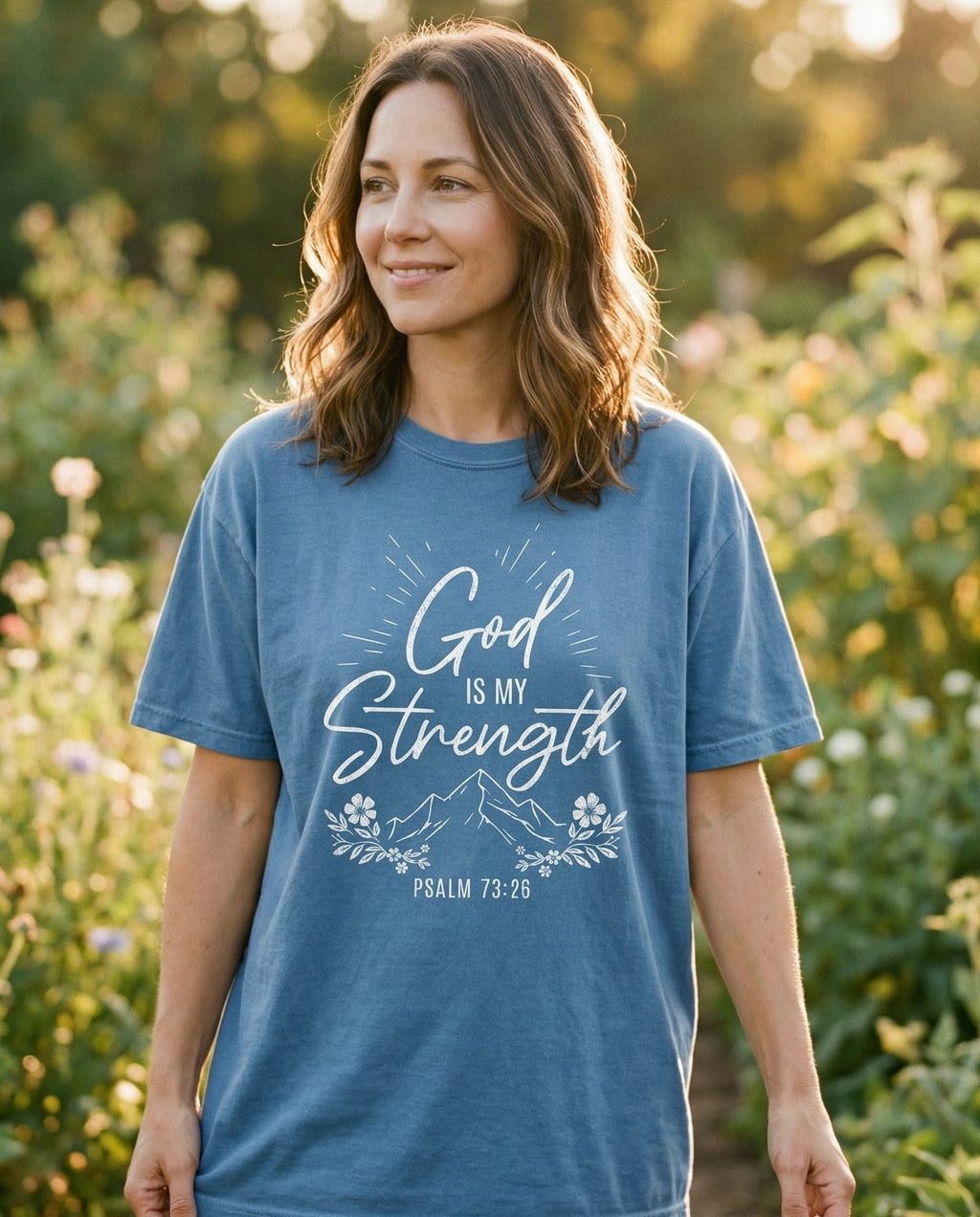 God is My Strength – Blue Jean women's Christian tee, lifestyle photo in outdoor garden – Script and serif 'God is My Strength' with radiant light burst behind  – Psalm 73:26 – She Wears Faith