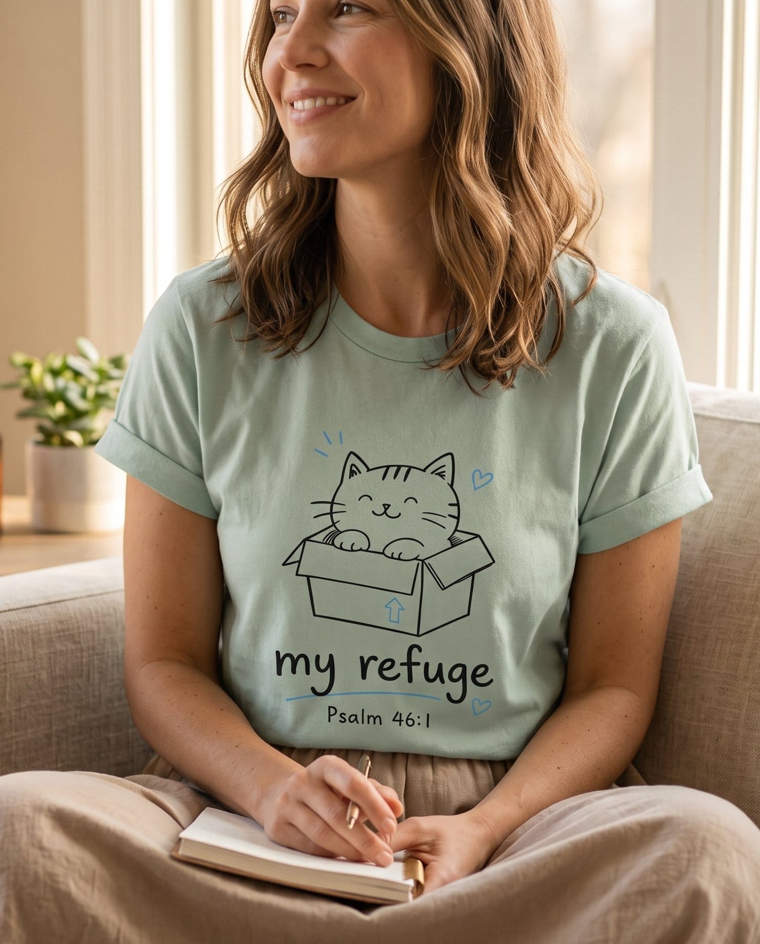 God is our Refuge Ps 46:1 – Bay women's Christian tee, lifestyle photo in cozy living room – Wide-eyed cartoon cat curled up inside a cardboard box beside the word – Psalm 46:1 – She Wears Faith