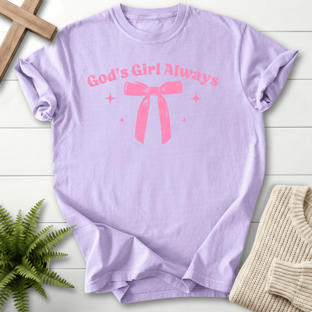 Orchid women's faith t-shirt with 'God's Girl Always' lettering and a sparkle bow in a tonal design.