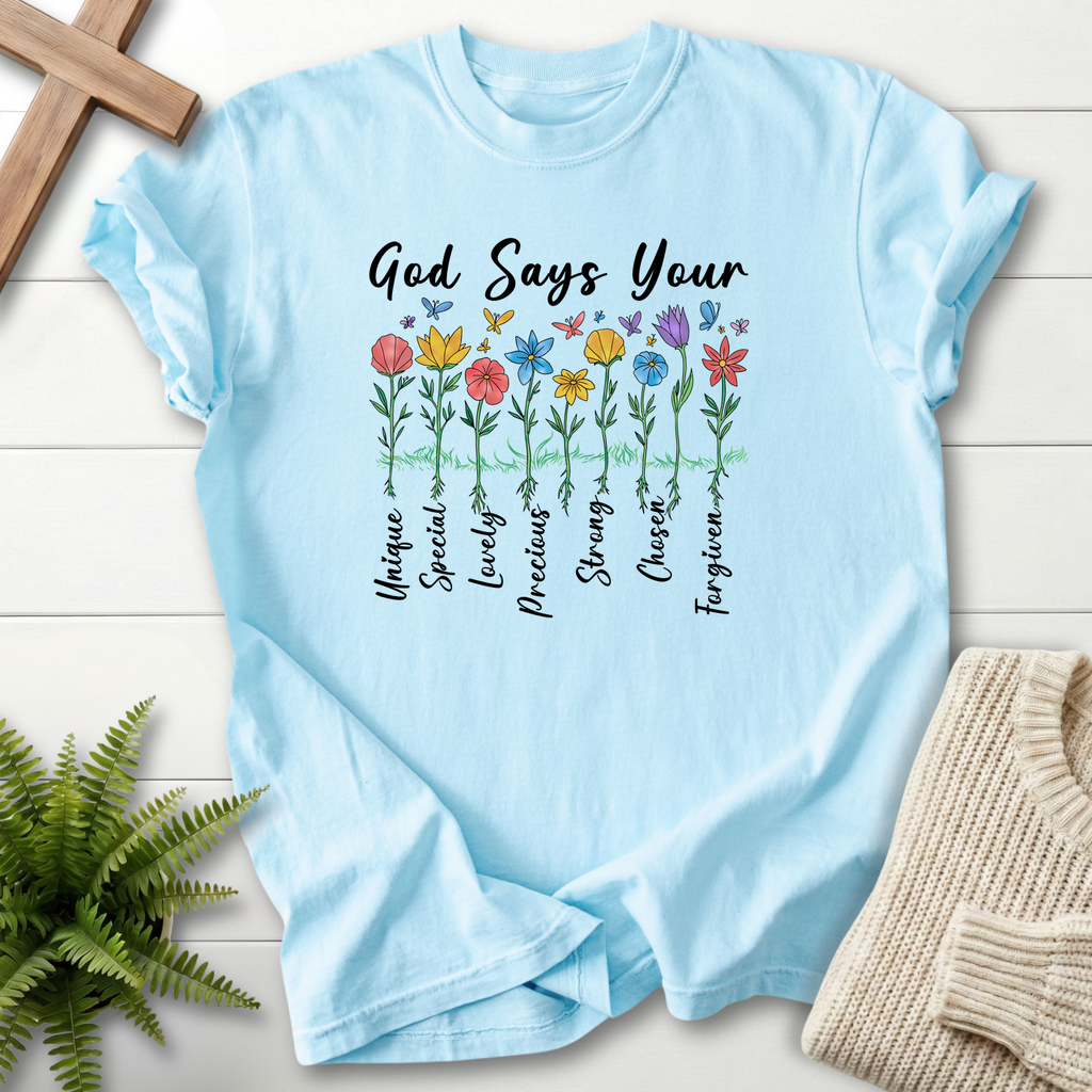 Chambray women's faith t-shirt with seven wildflowers and affirmation words including Precious, Strong, and Chosen.