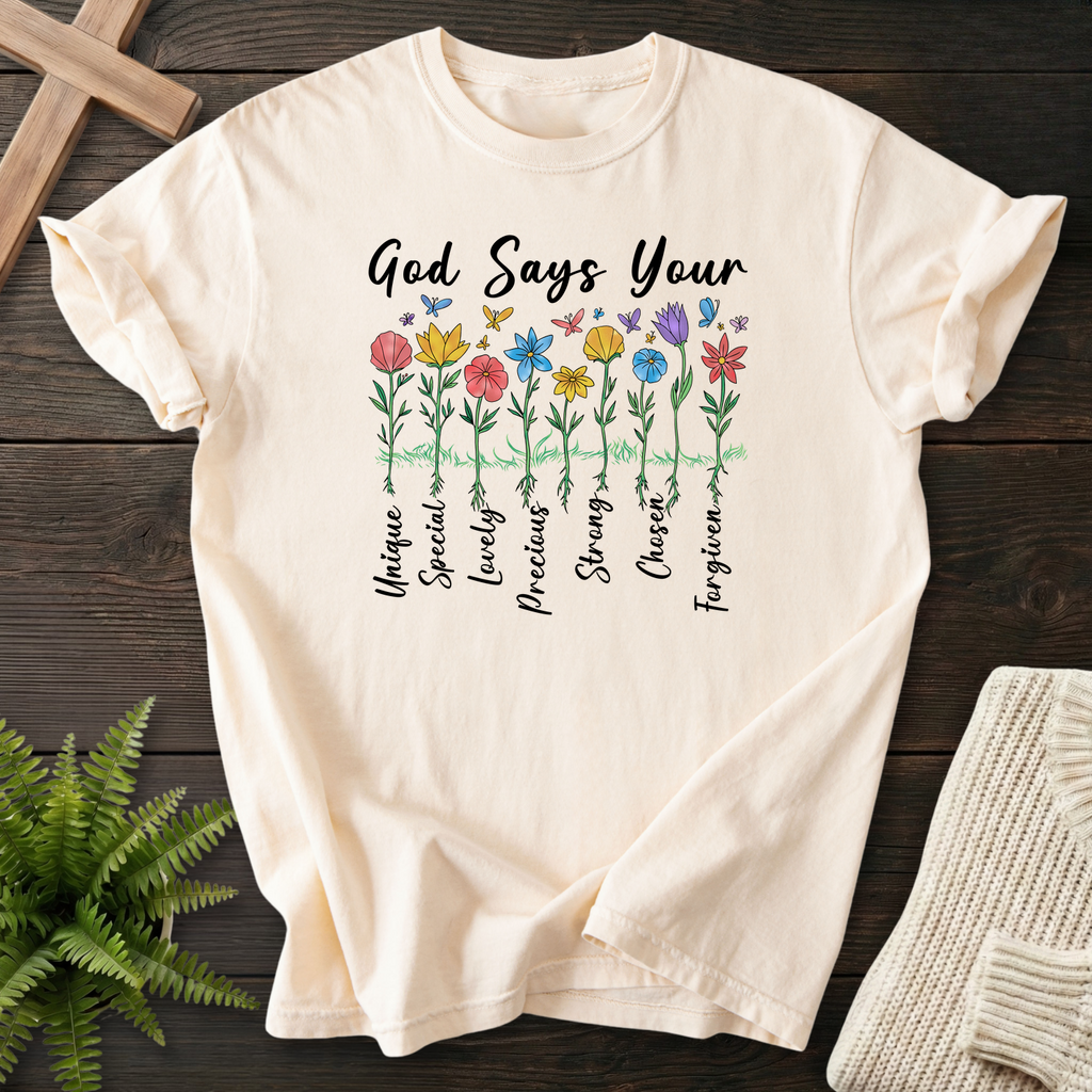 Ivory women's faith t-shirt with colorful wildflower stems and faith affirmations: Unique, Special, Lovely, Precious, Strong, Chosen, Forgiven.