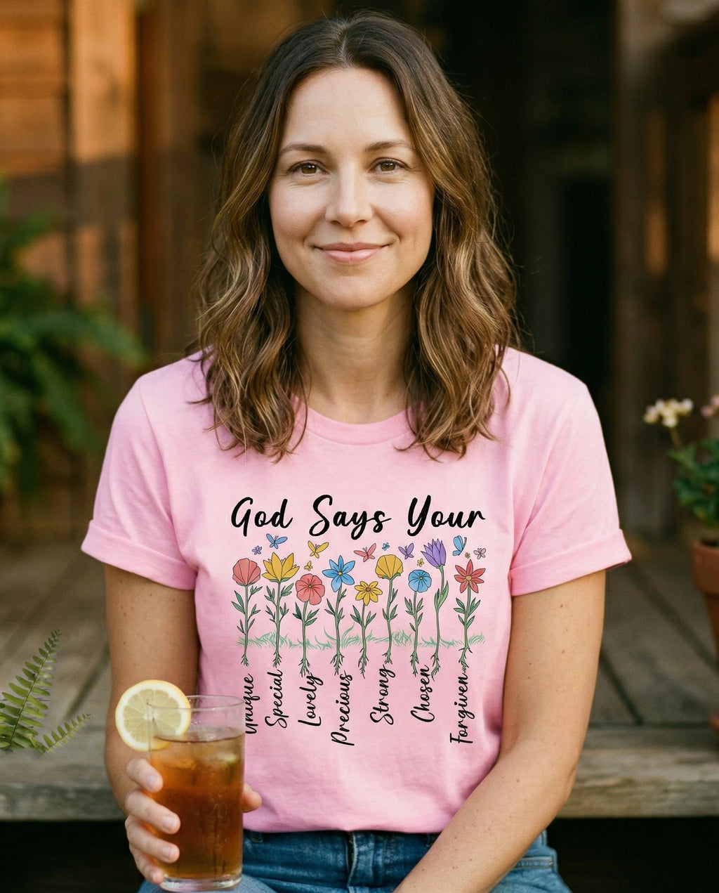 God Says You Are T-shirt – Blossom women's Christian tee, lifestyle photo in sunny porch – Row of hand-drawn wildflowers in multiple colors – She Wears Faith