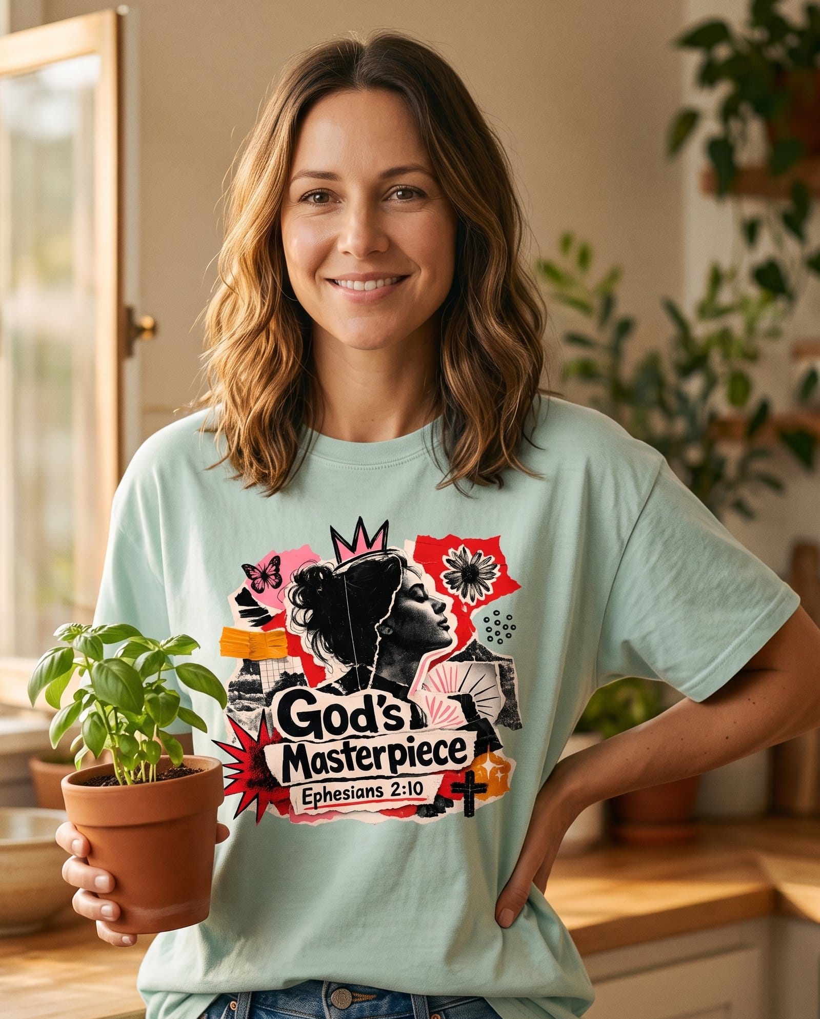 God's Masterpiece Ephesians 2:10 – Bay women's Christian tee, lifestyle photo in morning kitchen setting – Torn-paper collage of a crowned woman looking upward with a butterfly  – Ephesians 2:10 – She Wears Faith