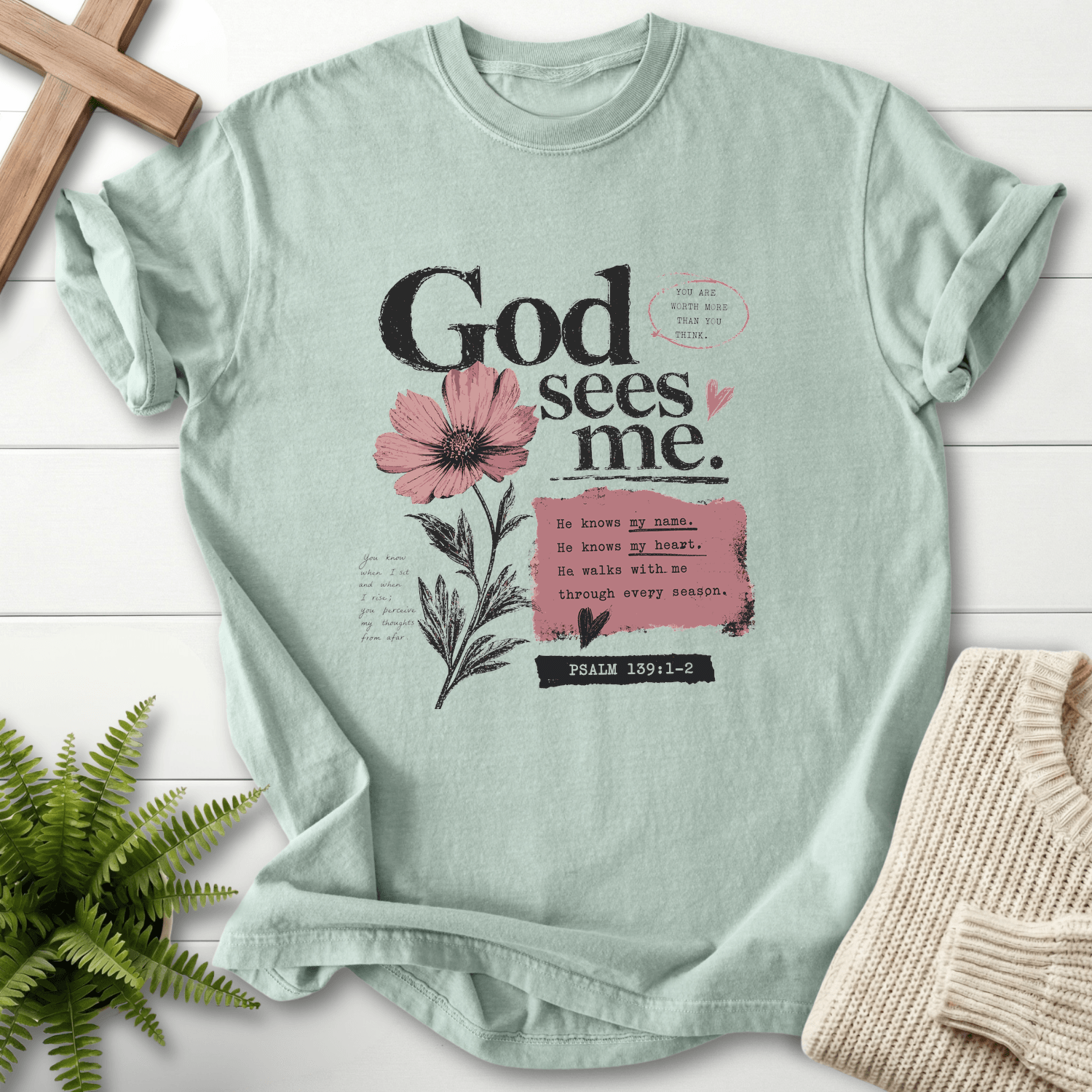 God's sees me Graphic T-Shirt in Bay | She Wears Faith