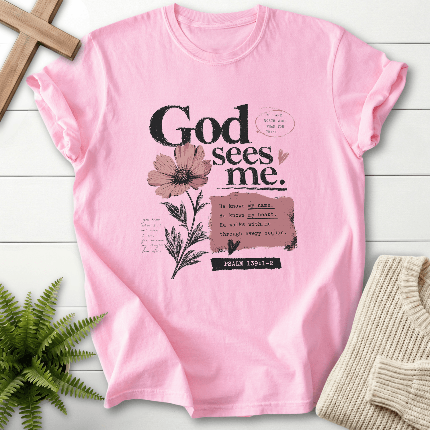 God's sees me Graphic T-Shirt in Blossom | She Wears Faith