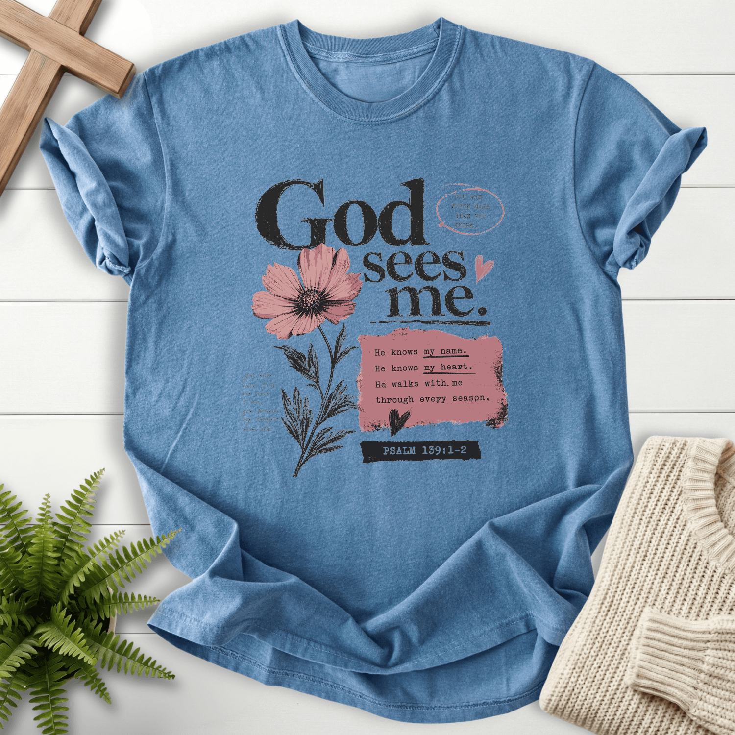 God's sees me Graphic T-Shirt in Blue Jean | She Wears Faith
