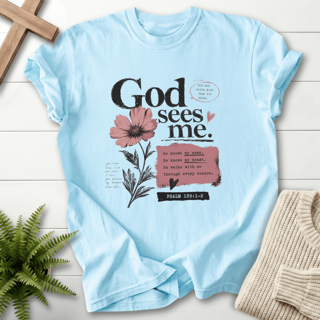 God's sees me Graphic T-Shirt in Chambray | She Wears Faith