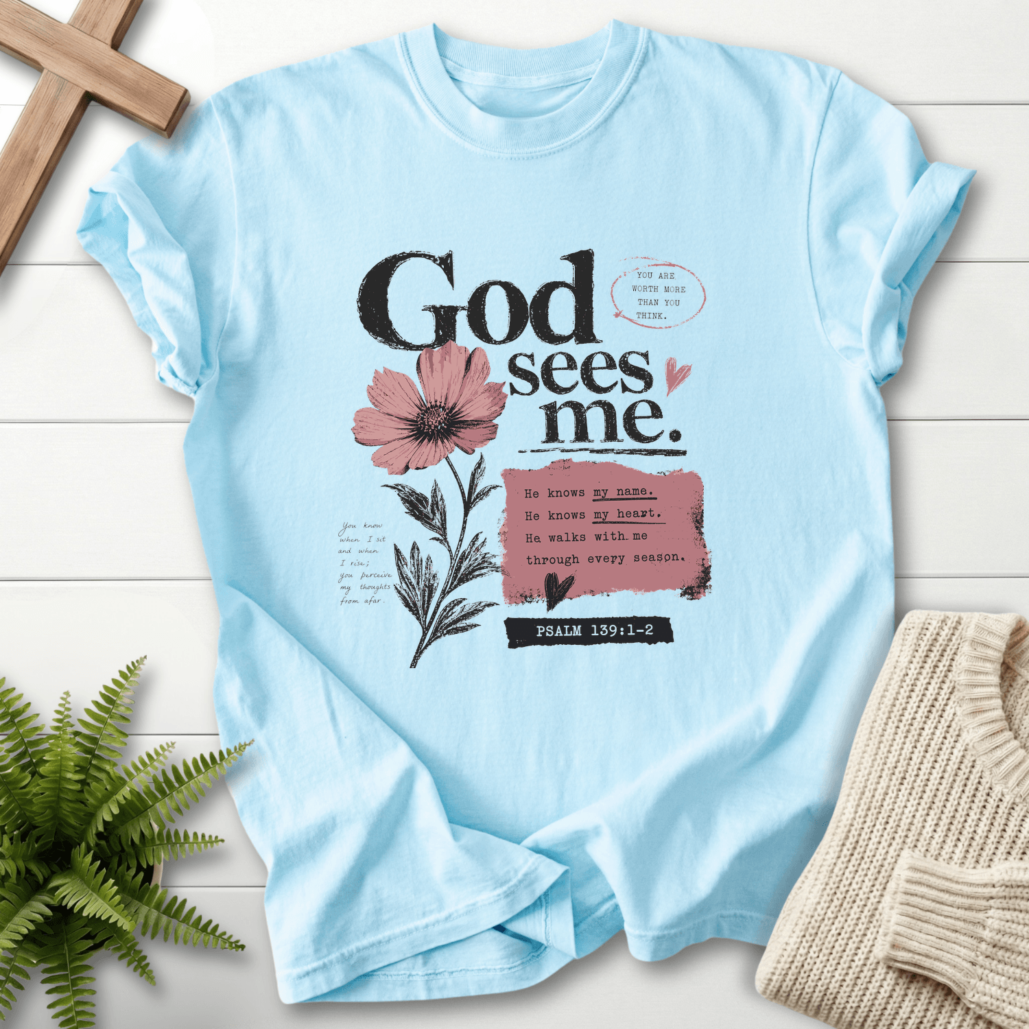 God's sees me Graphic T-Shirt in Chambray | She Wears Faith
