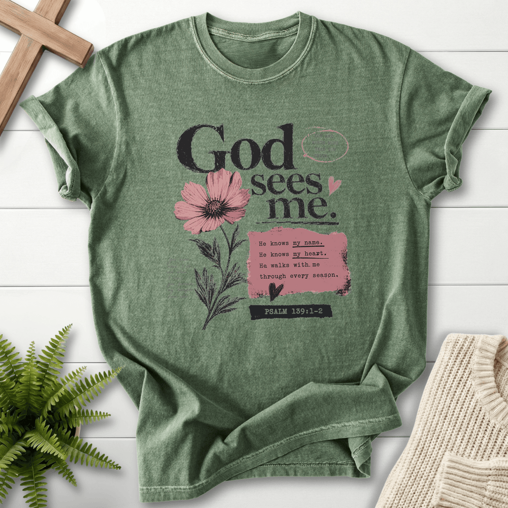 God's sees me Graphic T-Shirt in Moss | She Wears Faith