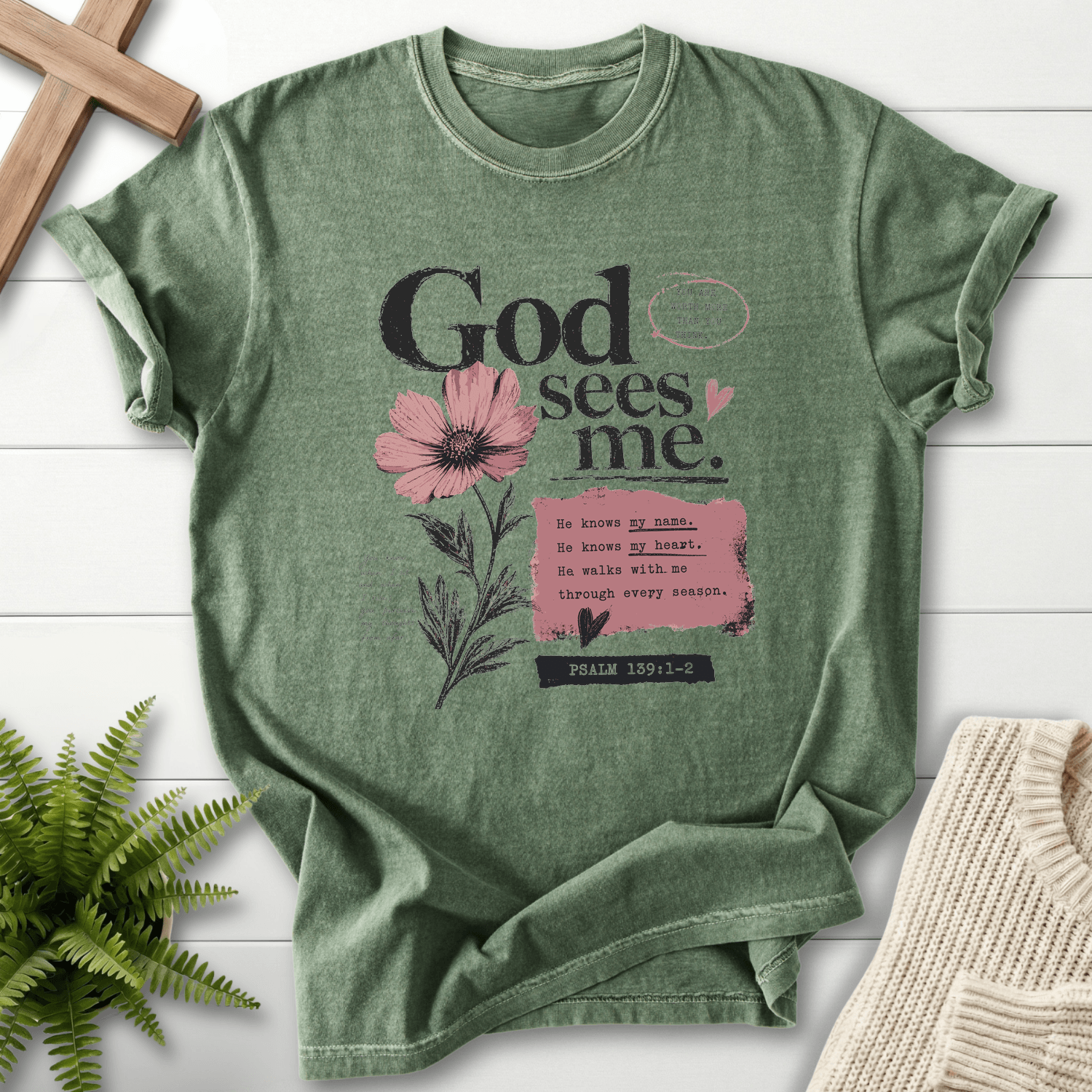 God's sees me Graphic T-Shirt in Moss | She Wears Faith