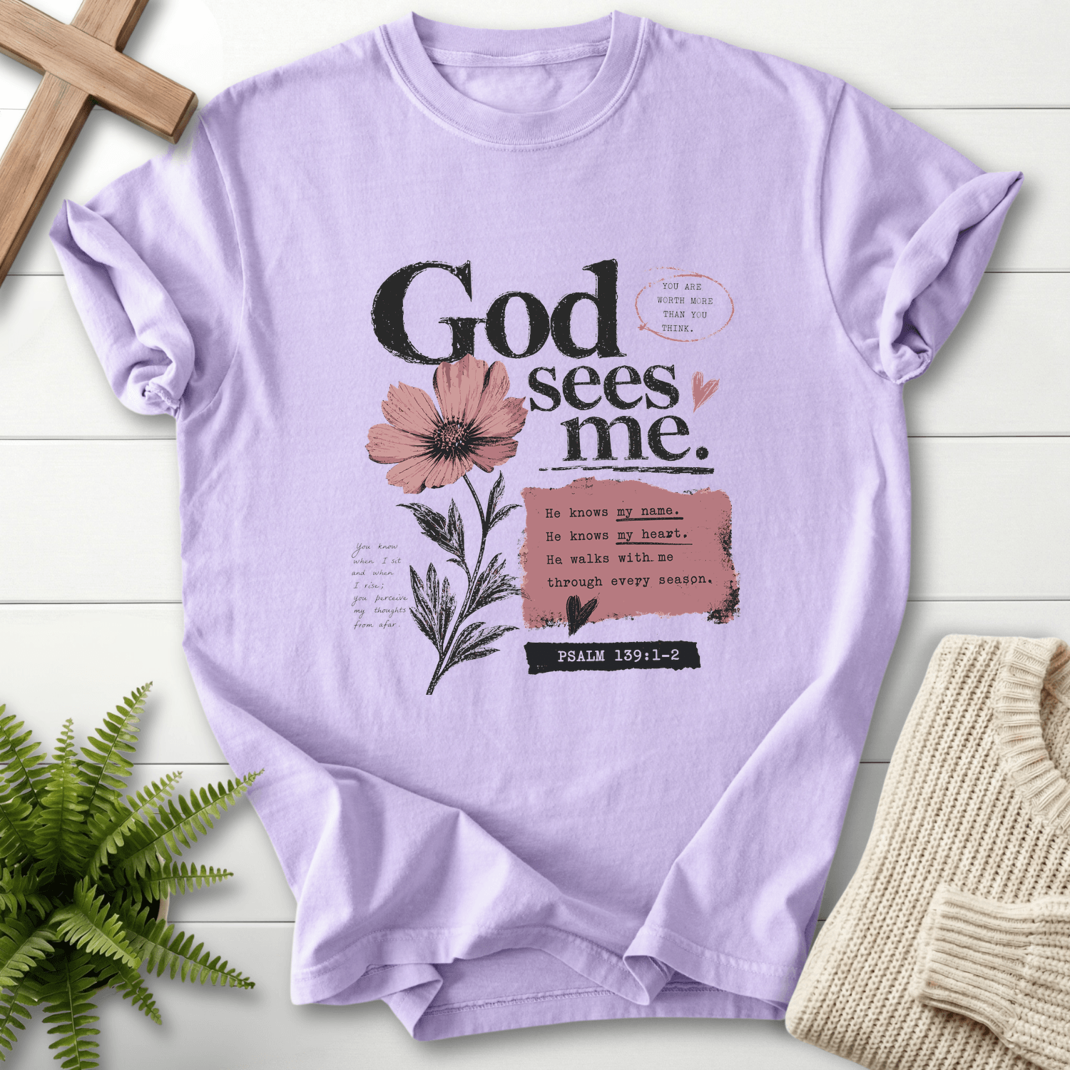 God's sees me Graphic T-Shirt in Orchid | She Wears Faith