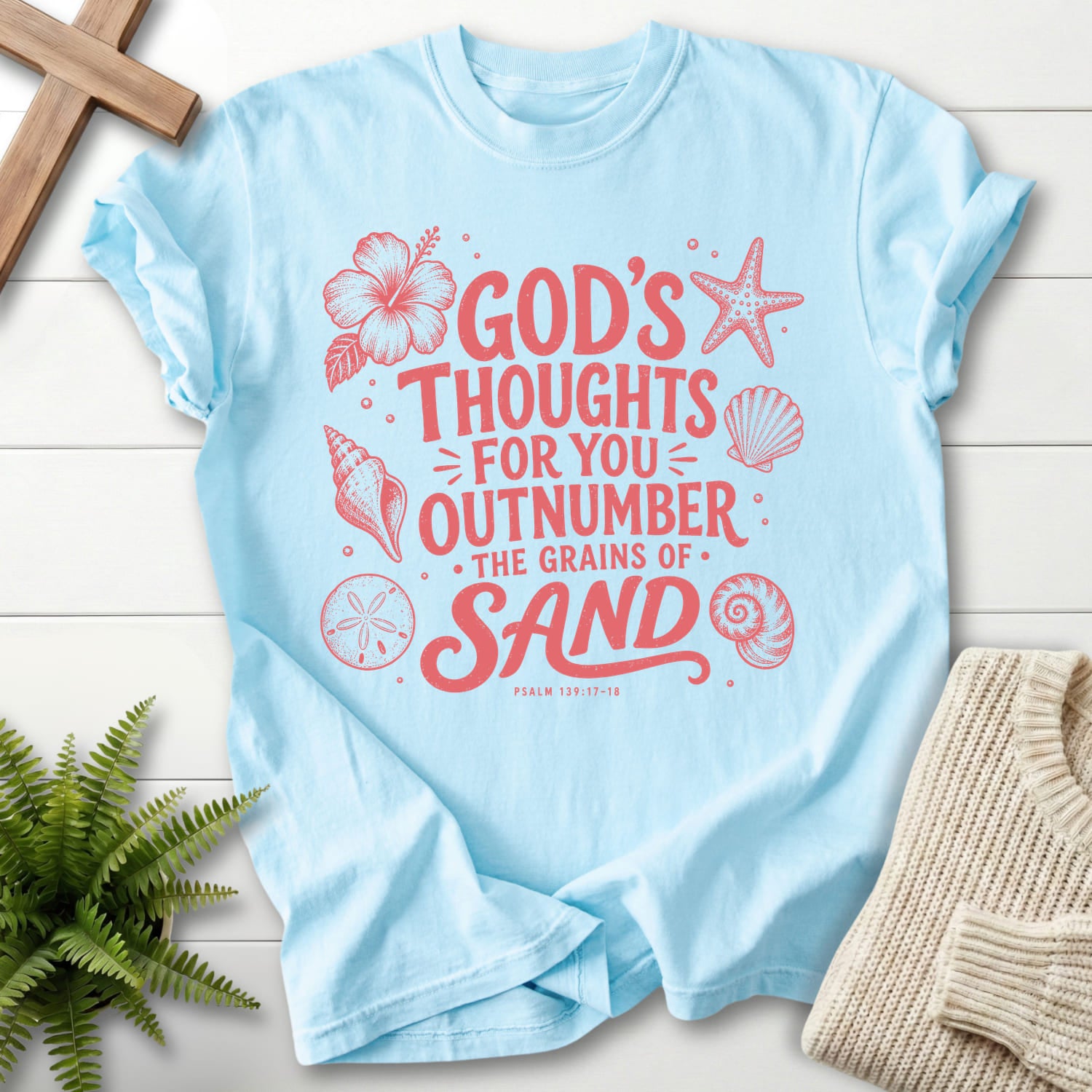 Chambray color option for the Gods Thought For You women's Christian tee with flower artwork with "God's Thought For You Outnumber T-Shirt" Psalm 139.
