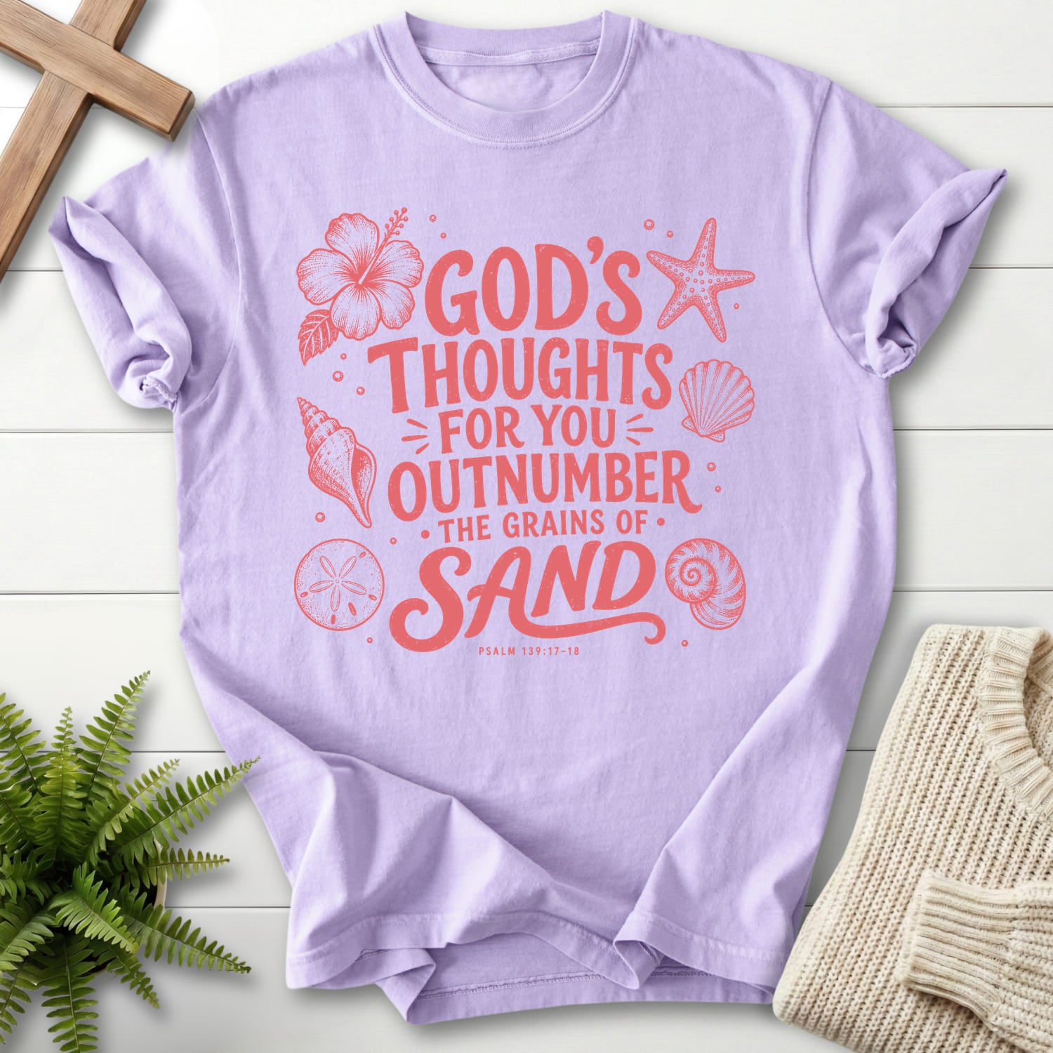Orchid color option for the Gods Thought For You Christian t-shirt for women with flower artwork with "God's Thought For You Outnumber T-Shirt" Psalm.
