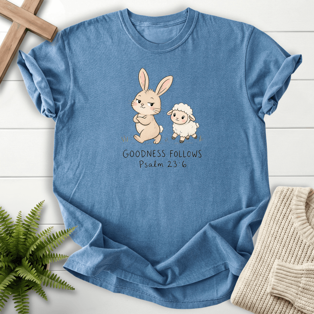 Goodness Follows Psalm 23 T-Shirt in Blue Jean | She Wears Faith